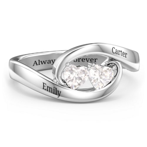 Engravable Double Heart Gemstone Wave Ring – Sterling Silver with Cubic Zirconia