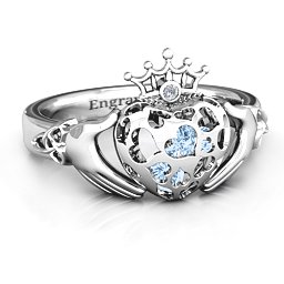 Caged Hearts Claddagh Ring in 925 Sterling Silver with Aquamarine and Ruby