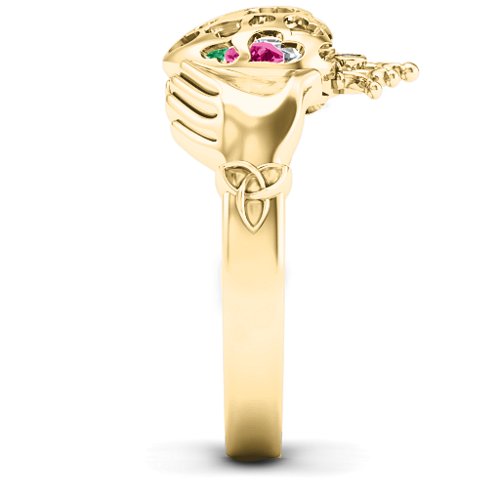 Caged Hearts Claddagh Ring – 10K Yellow Gold with Emerald, Ruby, and Cubic Zirconia