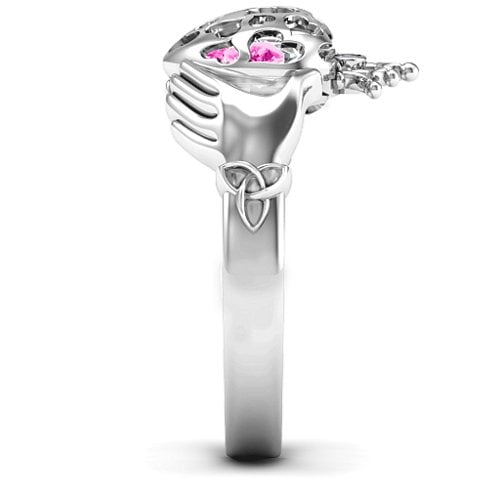 Caged Hearts Claddagh Ring – Sterling Silver with Pink Tourmaline and Cubic Zirconia