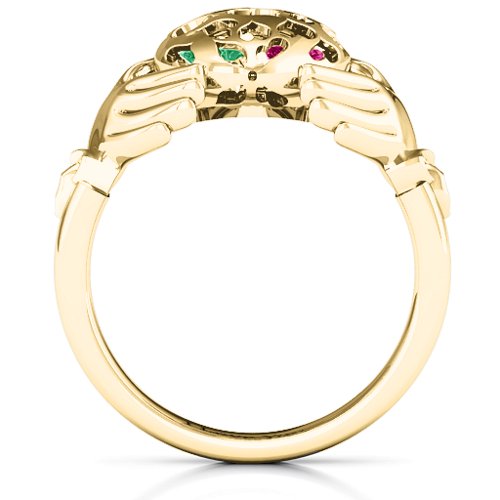 Caged Hearts Claddagh Ring – 10K Yellow Gold with Emerald, Ruby, and Cubic Zirconia