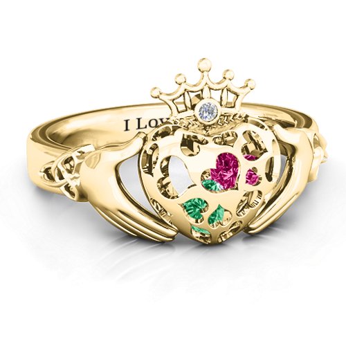 Caged Hearts Claddagh Ring – 10K Yellow Gold with Emerald, Ruby, and Cubic Zirconia
