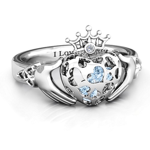 Caged Hearts Claddagh Ring – Sterling Silver with Aquamarine and Cubic Zirconia