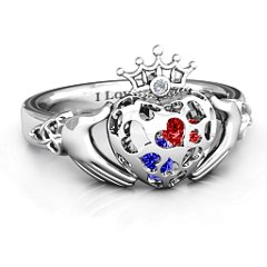 Caged Hearts Claddagh Ring – 10K Rose Gold with Blue Sapphire, Garnet, and Cubic Zirconia