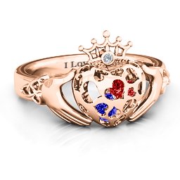Caged Hearts Claddagh Ring in 10K Solid Rose Gold with Blue Sapphire, Garnet, and Ruby