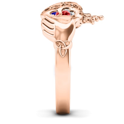 Caged Hearts Claddagh Ring – 10K Rose Gold with Blue Sapphire, Garnet, and Cubic Zirconia