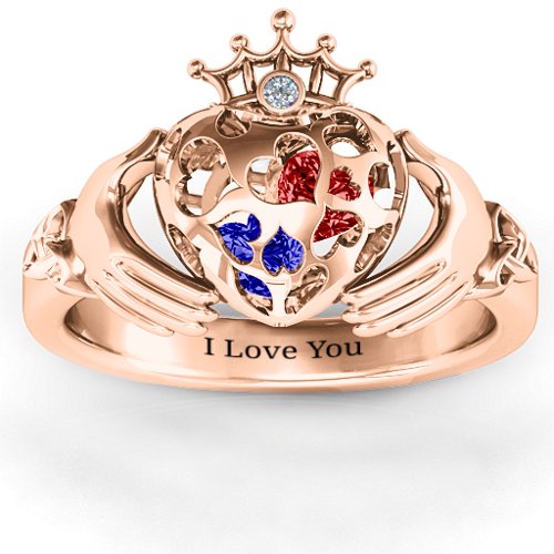 Caged Hearts Claddagh Ring – 10K Rose Gold with Blue Sapphire, Garnet, and Cubic Zirconia