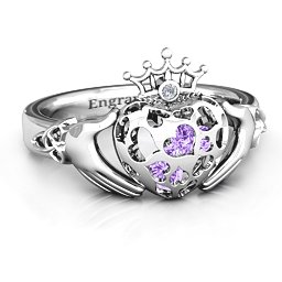 Caged Hearts Claddagh Ring in 925 Sterling Silver with Amethyst and Ruby