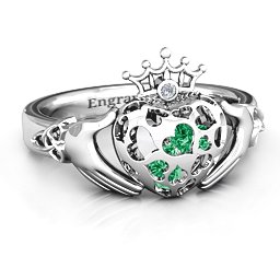Caged Hearts Claddagh Ring in 925 Sterling Silver with Emerald and Ruby