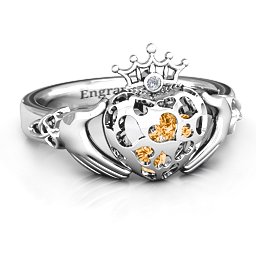 Caged Hearts Claddagh Ring in 925 Sterling Silver with Citrine and Ruby