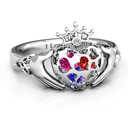 Caged Hearts Claddagh Ring in 925 Sterling Silver with Blue Sapphire, Garnet, and Ruby