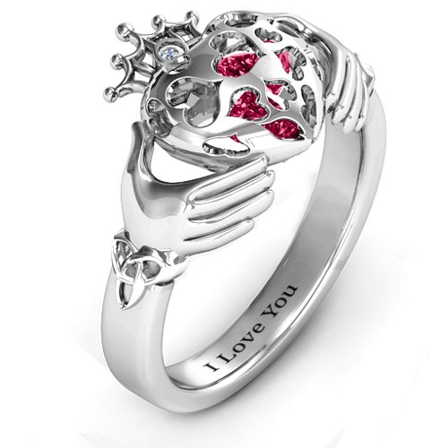Caged Hearts Claddagh Ring – Sterling Silver with Ruby and Cubic Zirconia