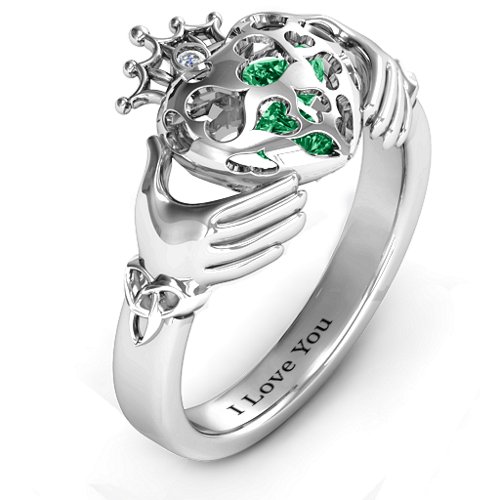 Caged Hearts Claddagh Ring – Sterling Silver with Emerald and Cubic Zirconia