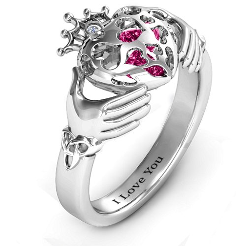 Caged Hearts Claddagh Ring – Sterling Silver with Ruby and Cubic Zirconia