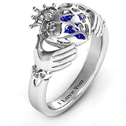 Caged Hearts Claddagh Ring – Sterling Silver with Blue Sapphire and Cubic Zirconia