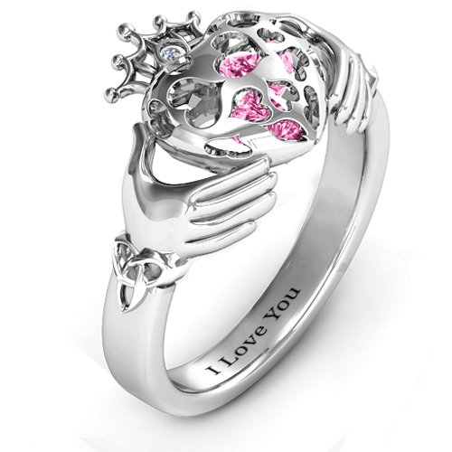 Caged Hearts Claddagh Ring – Sterling Silver with Pink Tourmaline and Cubic Zirconia