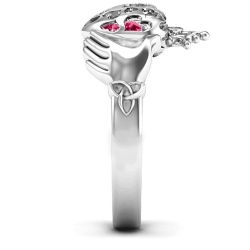 Caged Hearts Claddagh Ring – Sterling Silver with Ruby and Cubic Zirconia