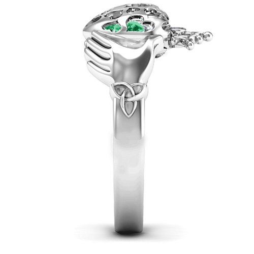Caged Hearts Claddagh Ring – Sterling Silver with Emerald and Cubic Zirconia