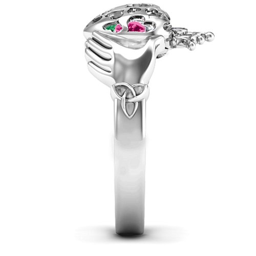 Caged Hearts Claddagh Ring – Sterling Silver with Emerald, Ruby, and Cubic Zirconia