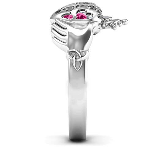 Caged Hearts Claddagh Ring – Sterling Silver with Ruby and Cubic Zirconia