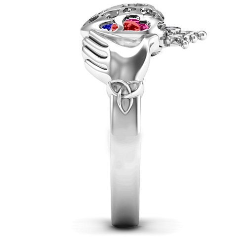 Caged Hearts Claddagh Ring – Sterling Silver with Blue Sapphire, Garnet, Ruby, and Cubic Zirconia
