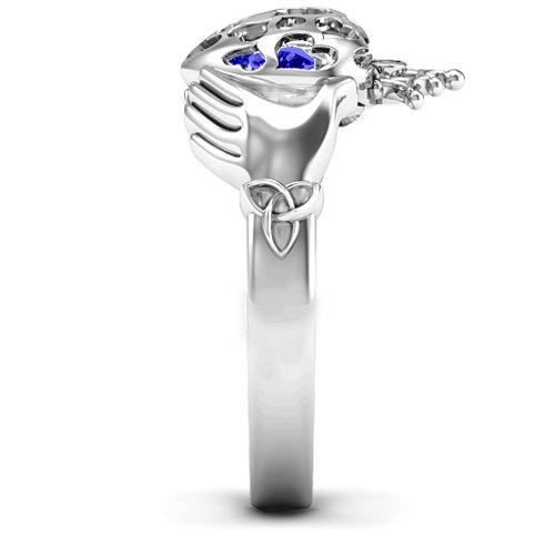 Caged Hearts Claddagh Ring – Sterling Silver with Blue Sapphire and Cubic Zirconia