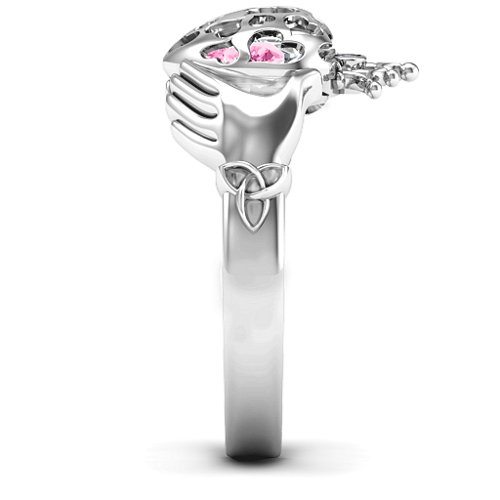 Caged Hearts Claddagh Ring – Sterling Silver with Pink Tourmaline and Cubic Zirconia