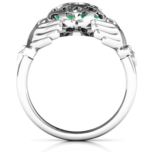 Caged Hearts Claddagh Ring – Sterling Silver with Emerald and Cubic Zirconia