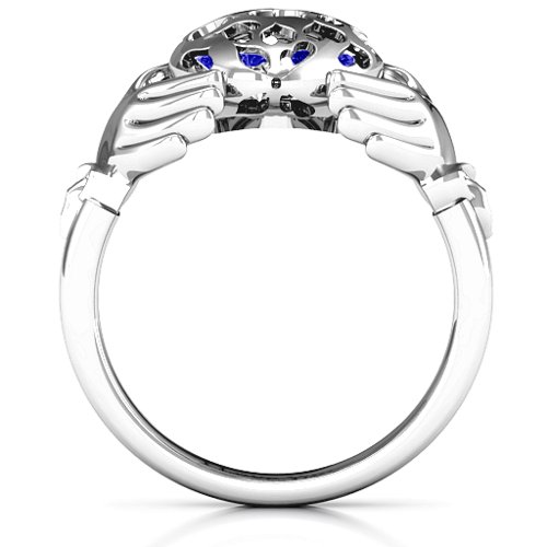 Caged Hearts Claddagh Ring – Sterling Silver with Blue Sapphire and Cubic Zirconia