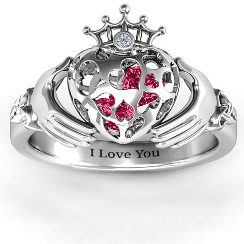 Caged Hearts Claddagh Ring – Sterling Silver with Ruby and Cubic Zirconia