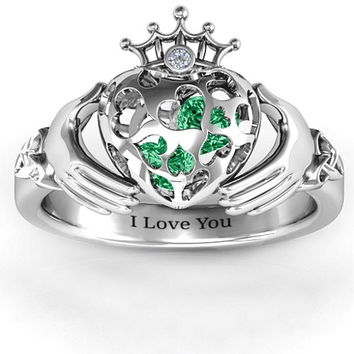 Caged Hearts Claddagh Ring – Sterling Silver with Emerald and Cubic Zirconia