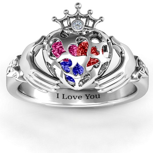 Caged Hearts Claddagh Ring – Sterling Silver with Blue Sapphire, Garnet, Ruby, and Cubic Zirconia