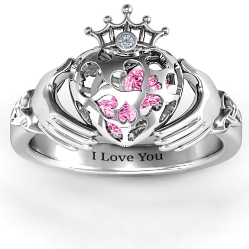 Caged Hearts Claddagh Ring – Sterling Silver with Pink Tourmaline and Cubic Zirconia