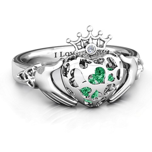 Caged Hearts Claddagh Ring – Sterling Silver with Emerald and Cubic Zirconia