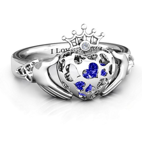 Caged Hearts Claddagh Ring – Sterling Silver with Blue Sapphire and Cubic Zirconia