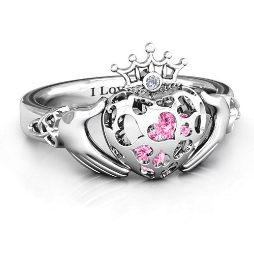 Caged Hearts Claddagh Ring – Sterling Silver with Pink Tourmaline and Cubic Zirconia