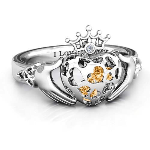 Caged Hearts Claddagh Ring – Sterling Silver with Citrine and Cubic Zirconia