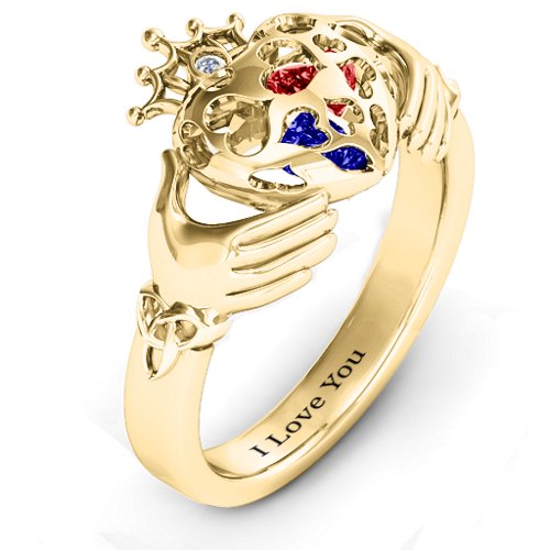 Caged Hearts Claddagh Ring – 10K Yellow Gold with Blue Sapphire, Garnet, and Cubic Zirconia