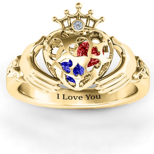 Caged Hearts Claddagh Ring – 10K Yellow Gold with Blue Sapphire, Garnet, and Cubic Zirconia