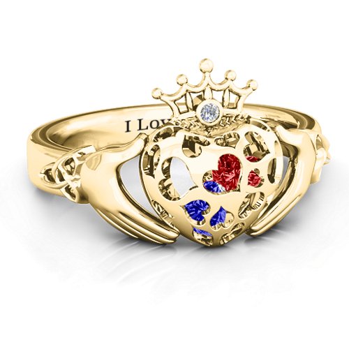 Caged Hearts Claddagh Ring – 10K Yellow Gold with Blue Sapphire, Garnet, and Cubic Zirconia