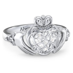 Caged Hearts Celtic Claddagh Ring in 925 Sterling Silver with Diamond