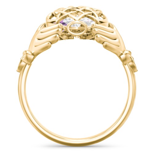 Caged Hearts Celtic Claddagh Ring – 10K Yellow Gold with Diamond and Amethyst