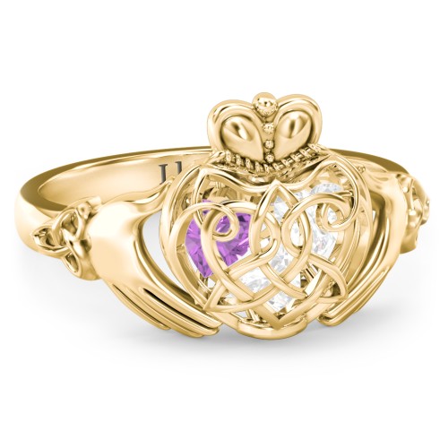 Caged Hearts Celtic Claddagh Ring – 10K Yellow Gold with Diamond and Amethyst