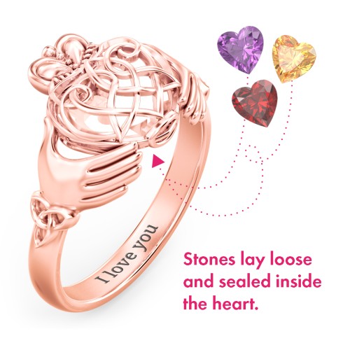Caged Hearts Celtic Claddagh Ring – 10K Rose Gold with Garnet, Citrine, and Amethyst