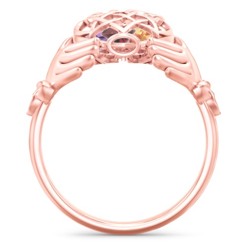 Caged Hearts Celtic Claddagh Ring – 10K Rose Gold with Garnet, Citrine, and Amethyst