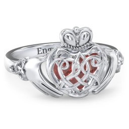 Caged Hearts Celtic Claddagh Ring in 925 Sterling Silver with Garnet