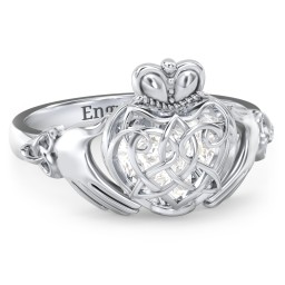 Caged Hearts Celtic Claddagh Ring in 925 Sterling Silver with Cubic Zirconia