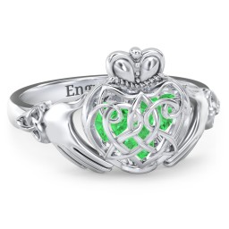 Caged Hearts Celtic Claddagh Ring in 925 Sterling Silver with Emerald