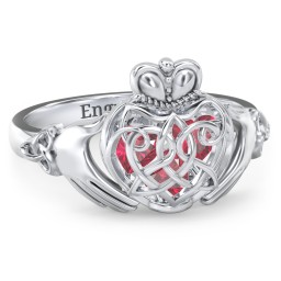 Caged Hearts Celtic Claddagh Ring in 925 Sterling Silver with Ruby