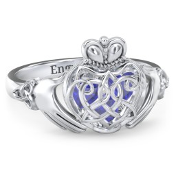 Caged Hearts Celtic Claddagh Ring in 925 Sterling Silver with Blue Sapphire